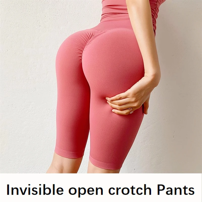 

High Quality Open Crotch Summer Double-sided Brushed Fitness Women's Five Quarter Pants High Waist Peach Hip Tight Yoga Shorts