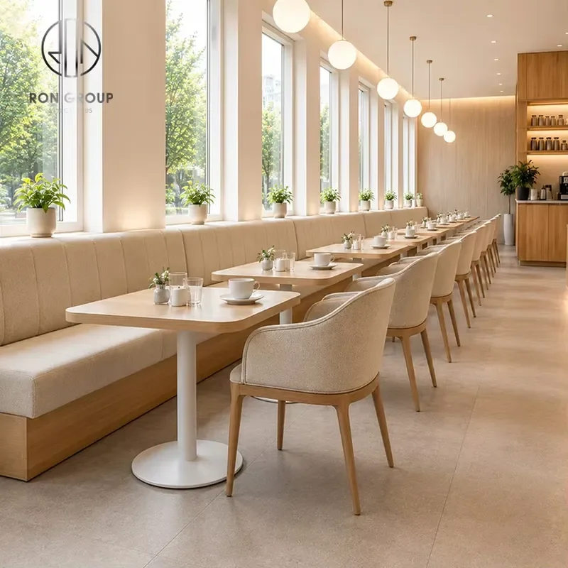Ron Group Commercial Restaurant Furniture Wooden Square Table Comfortable Booth Seating Fabric Upholstered Chair