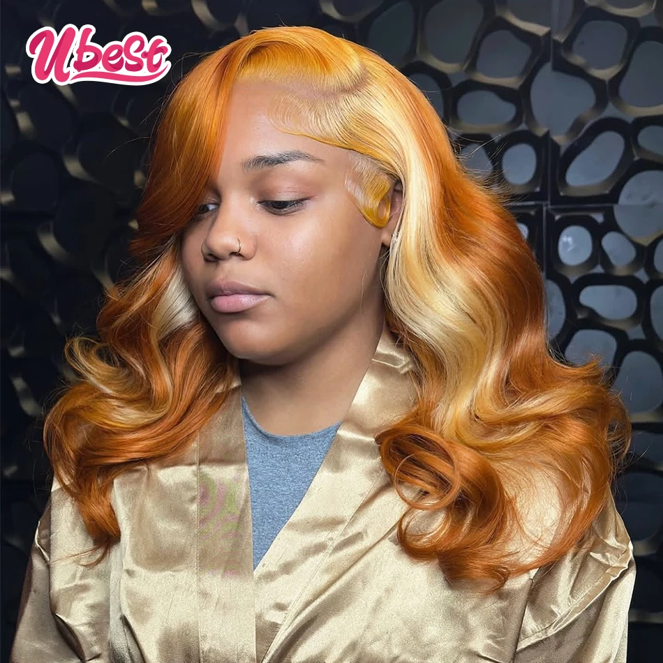 

Highlights 613 Orange Colored Cosplay Body Wave 13x6 Lace Front Wigs Brazilian 100％Human Hair Transparent Pre Plucked For Women