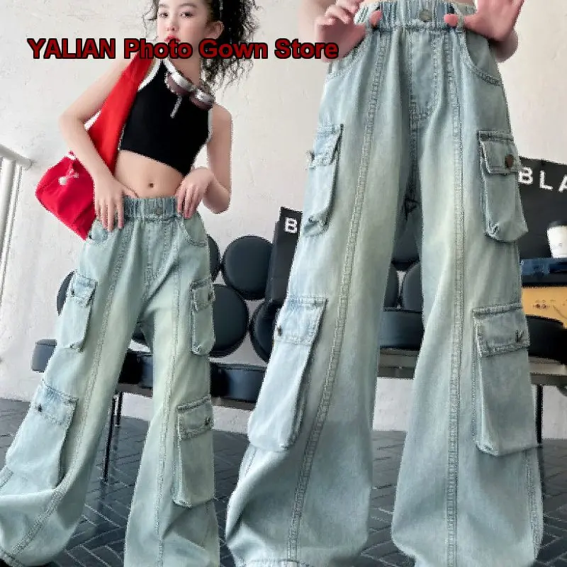 Girls Denim Wide Leg Pants Kids Spring Autumn Gradient Fashion Casual Loose Fit Older Kids