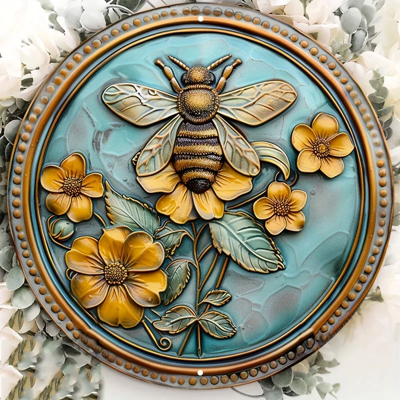 

Aluminum Circular Metal Sign Plaque, Glazed Tile, Bee Sitting on Round Circular Platter with Yellow Flowers, Wall, Home Decor
