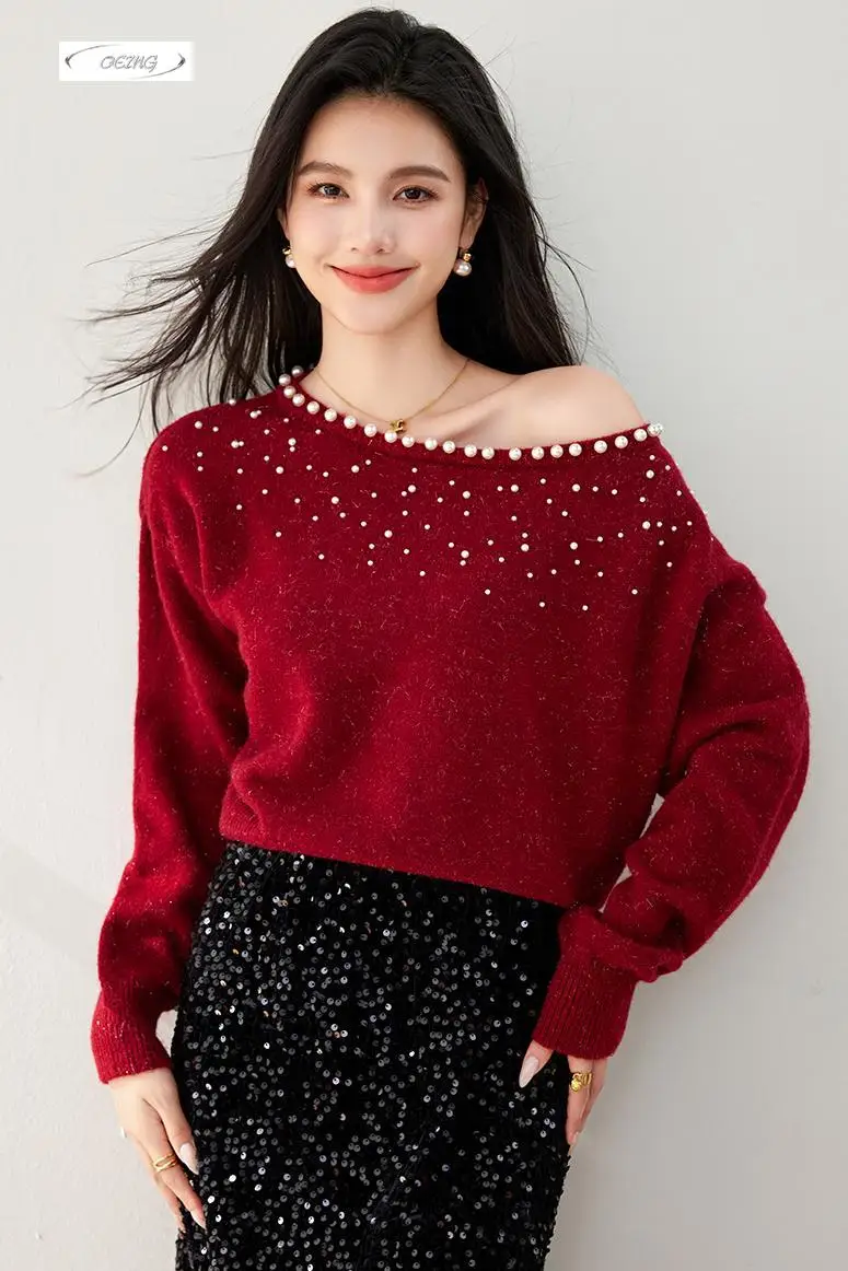 

Women Fashion Off Shoulder Pearl Loose Knitted Top Red Pullover Sweater Autumn Winter Christmas Thick Warm Knitwear Jumper 3505
