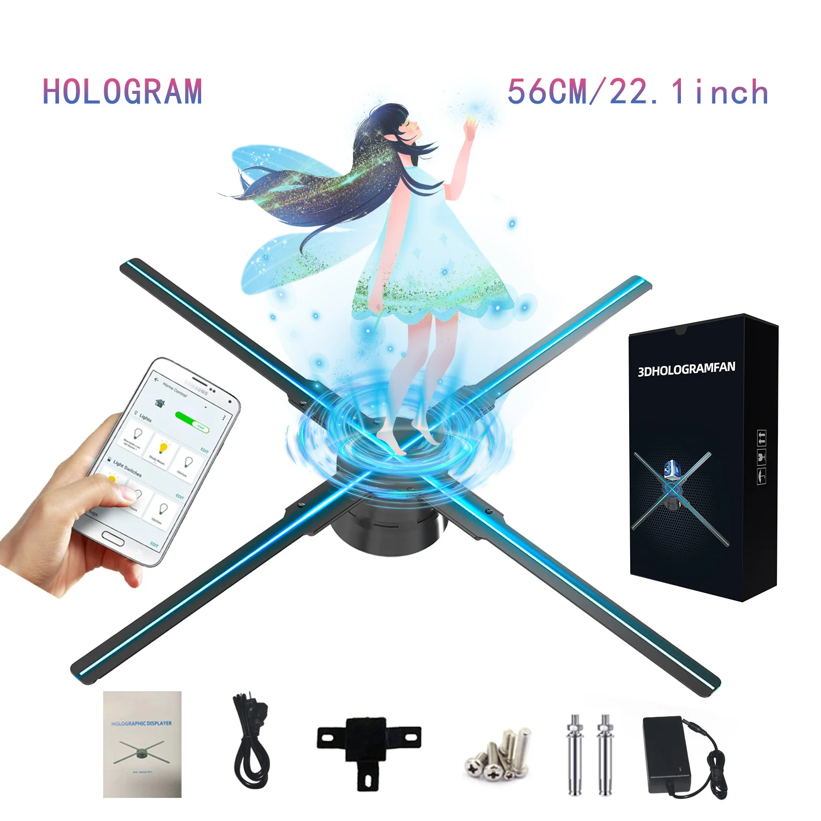 

22.1in/56cm 3d Hologram Fan, 672 Led Beads in 4 Fan Blades Holographic Projector by Tf Card, App Transmission & Remote Control