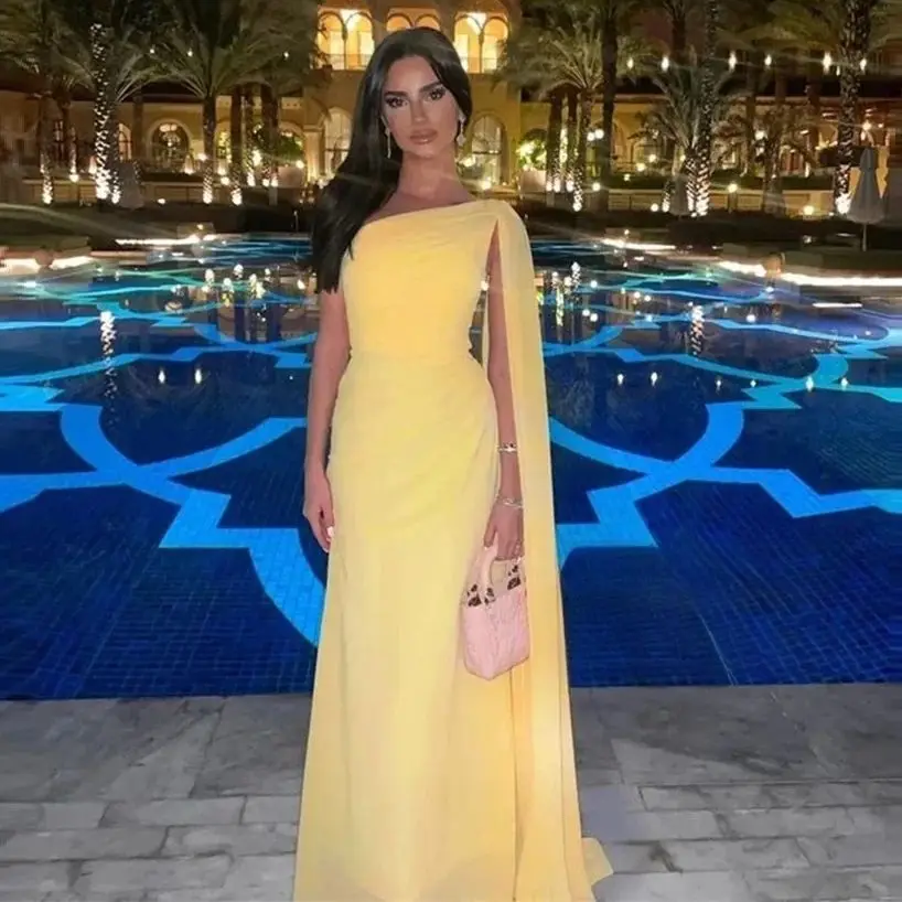 Abito da ballo giallo Jersey unisex Retro monospalla lungo abito da occasione su misura Abiti da sera Dubai Arabia Saudita personalizzato