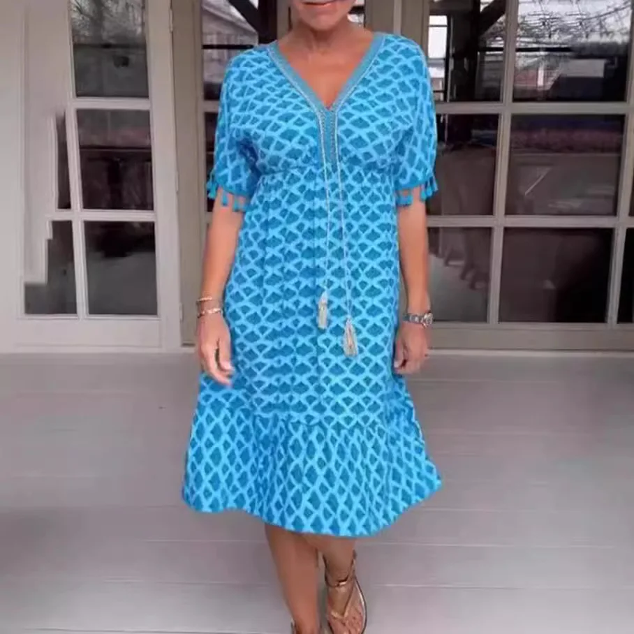 

Printed Fashion Versatile V-neck Short-sleeved Dress Women's Clothing 2025 Summer New European and American