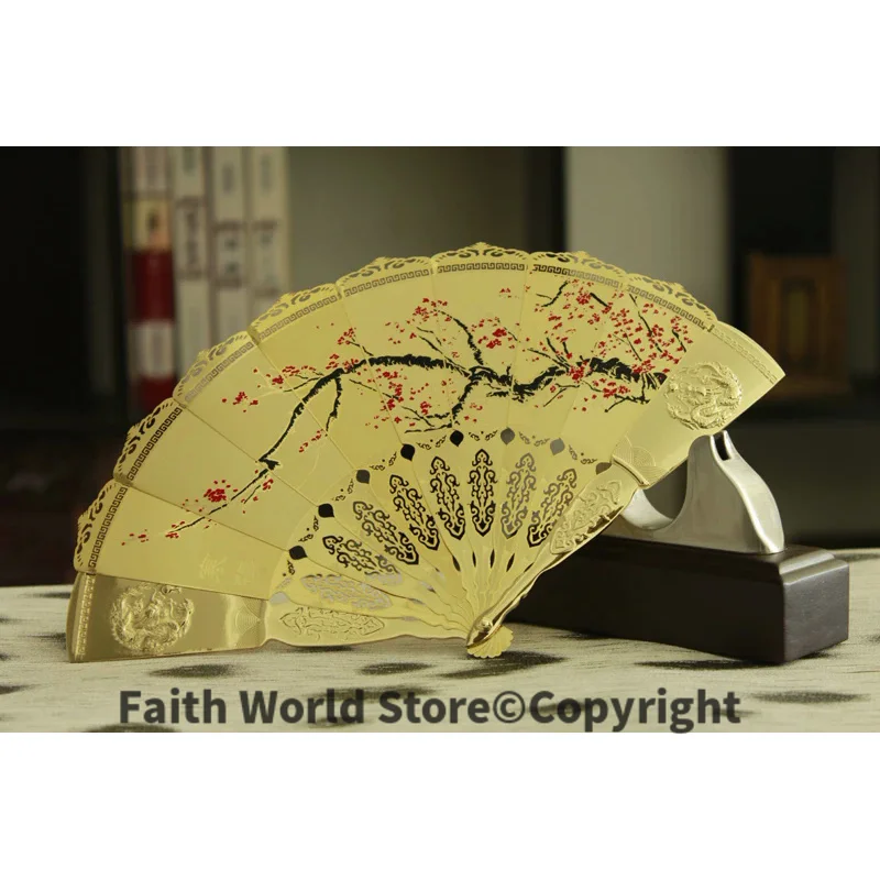 TOP COOL foreign business gift with box plum blossom flower CHINA ART gilding fan copper statue --Collector Edition-- GOOD