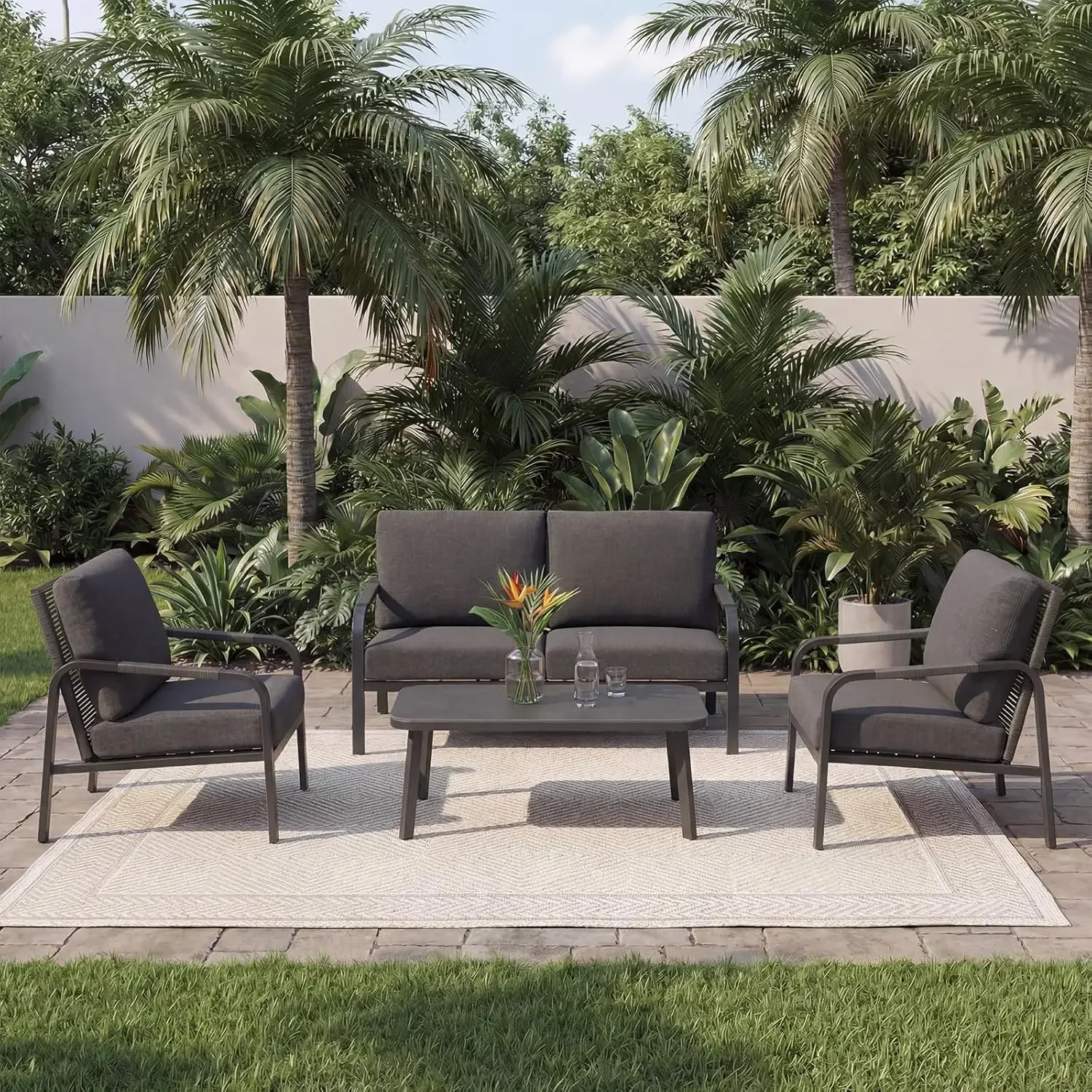 

Aluminum Patio Furniture Set, 4 Pieces Outdoor Patio Furniture with Coffee Table Set, Metal Patio Conversation Sets, Customized