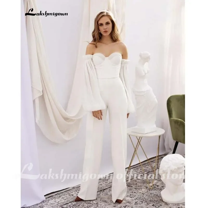 2020 Jumpsuit Wedding dress With Detachable long sleeves Sequins Country Beach Wedding Dress robes de mariée