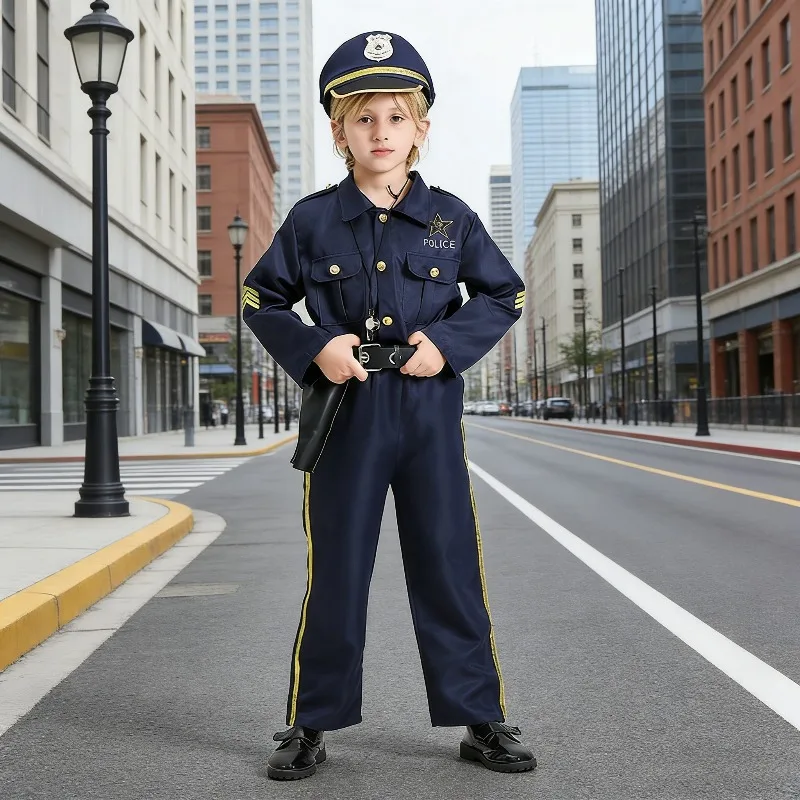 

Boy Policeman Cosplay Costume Blue Police Officer Uniform Accessories Suit for Unisex Halloween Party Performance Fancy Dress Up