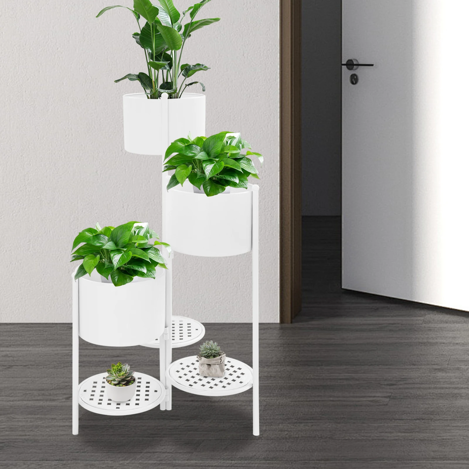 3 Tier Foldable Metal Plant Stand Holds 6 Flower Pots, Nordic Freestanding Flower Pot Rack Indoor Outdoor Display Shelf for Balcony Patio Garden