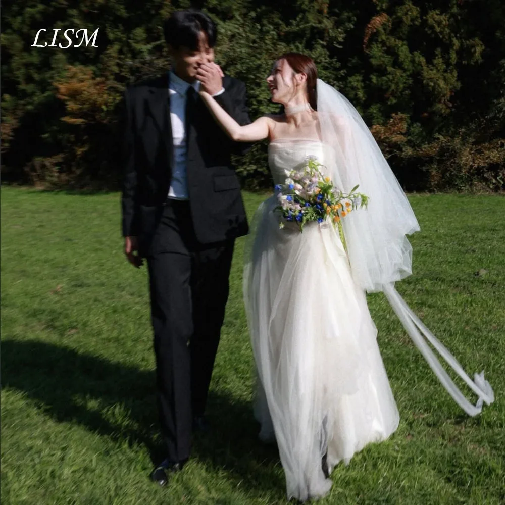 LISM Strapless A-Line Simple Korea Wedding Dresses Silk Tulle Long Elegant Bridal Gowns Customized 웨딩드레스 Photo Shoot