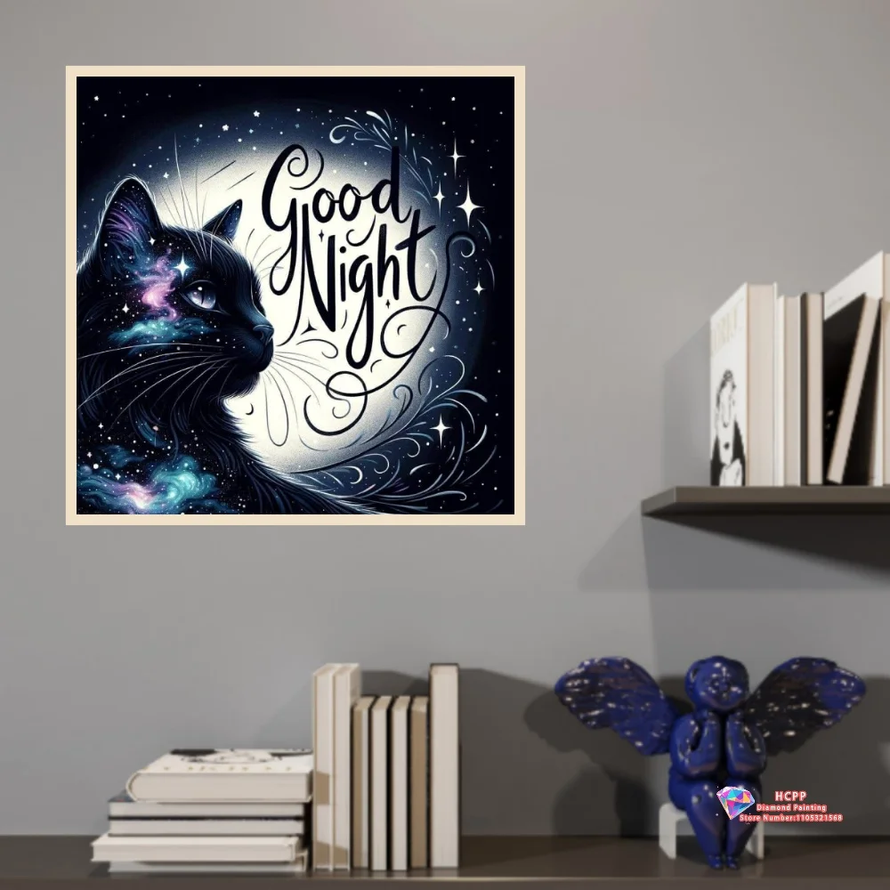 Good Night Galaxy Black Cat 5D DIY Diamond Painting Set with Square and Round Diamonds Handmade Crafts Home Decor Gifts.
