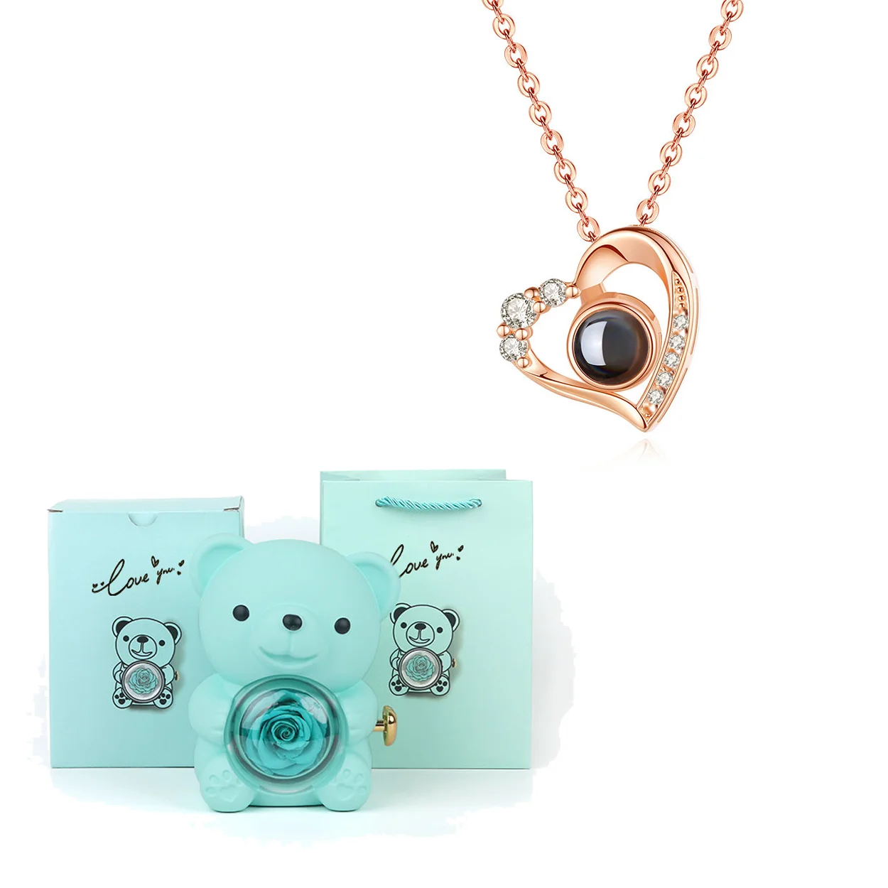 Custom Color Picture Projection Necklace With Luxury Green Acrylic Bear Rose Gift Box For Women Girlfriend Mom Romantic Gifts