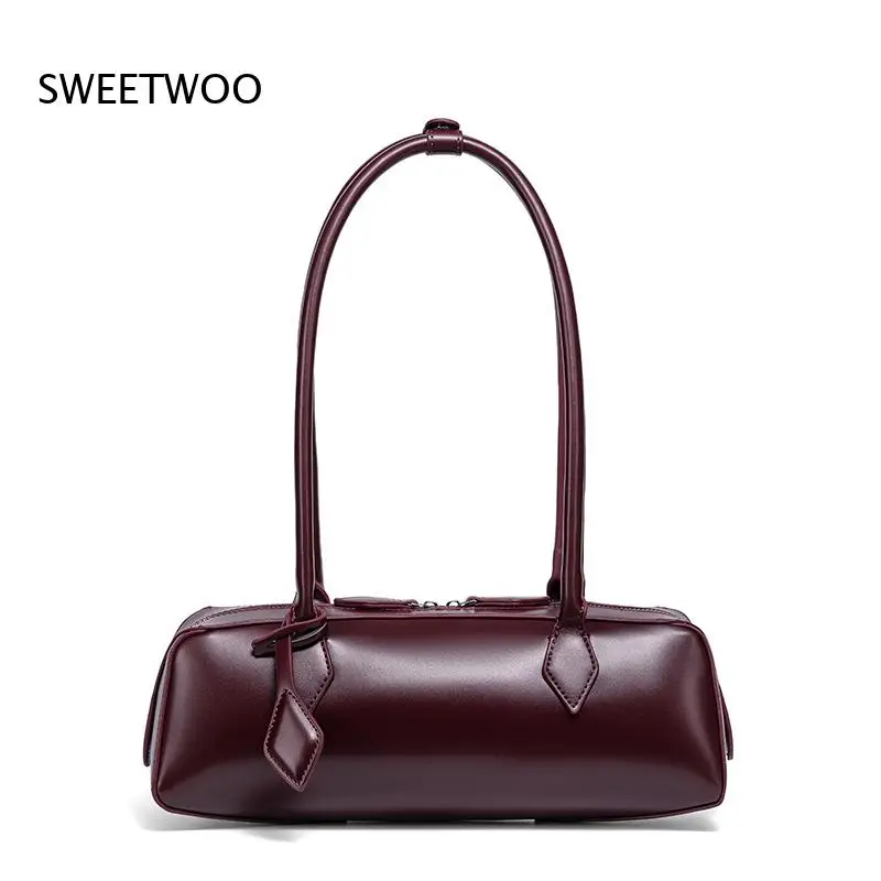 Sleek Rectangular Long Shoulder Bag Smooth Faux Leather Top Zipper Closure Minimalist Retro Small Handbag for Office Commute