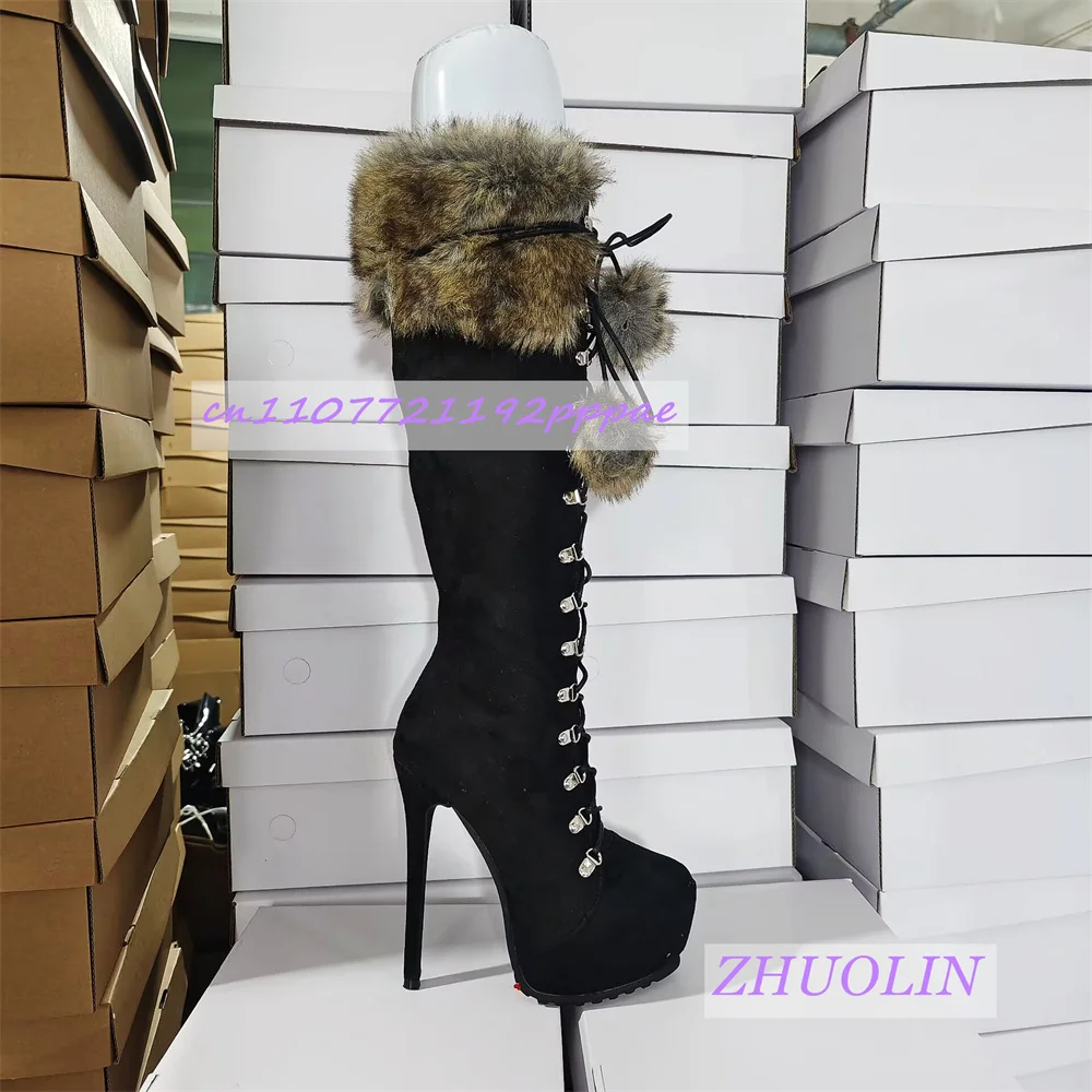 Women'S Black Suede Pom-Pom Knee-High Boots Fashion Stiletto Heel Cross Lace-Up Non-Slip Gladiator Boots Winter Furry Long Boots