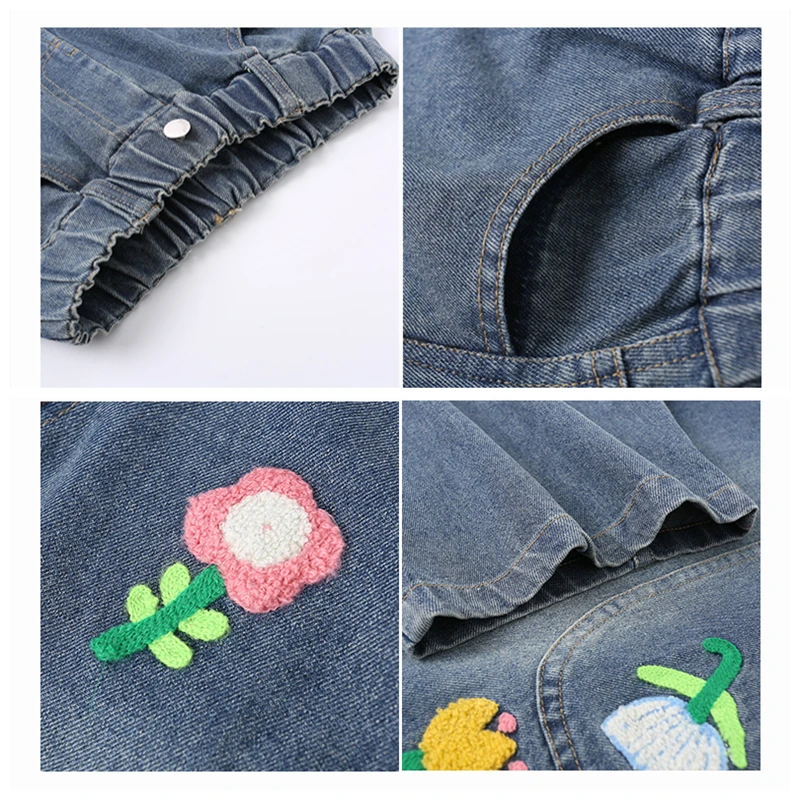 جينز منحني واسع الساق للفتيات على الموضة الراقية مع تطريز الأزهار للأطفال سروال دينم فضفاض غير رسمي على شكل زهرة 5 6 7 8 9 11 14 Y #6