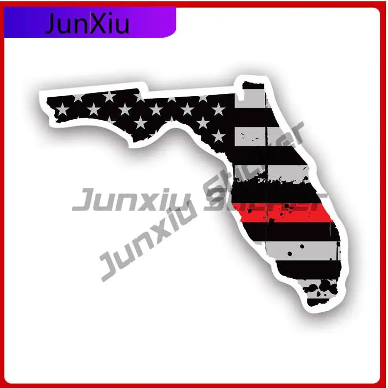

Distressed Thin Red Line Florida State Shaped Subdued Us Flag Sticker Uv Protected Decals Fire Firefighter Safety Fl State Flag