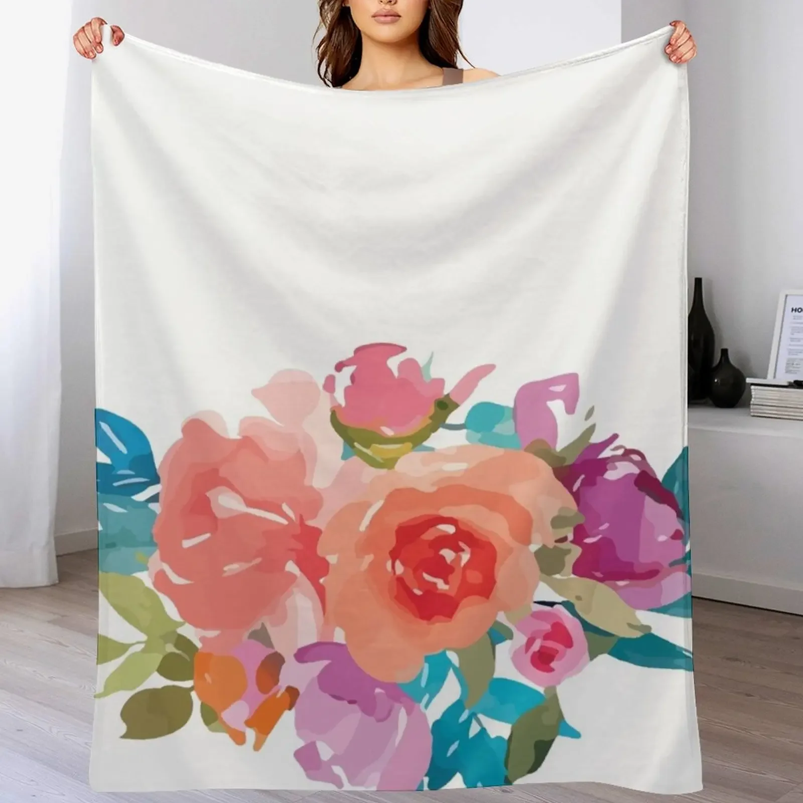 Romantic Watercolor Flower Bouquet on White Throw Blanket Durable Warm Blanket for Daily Home Use