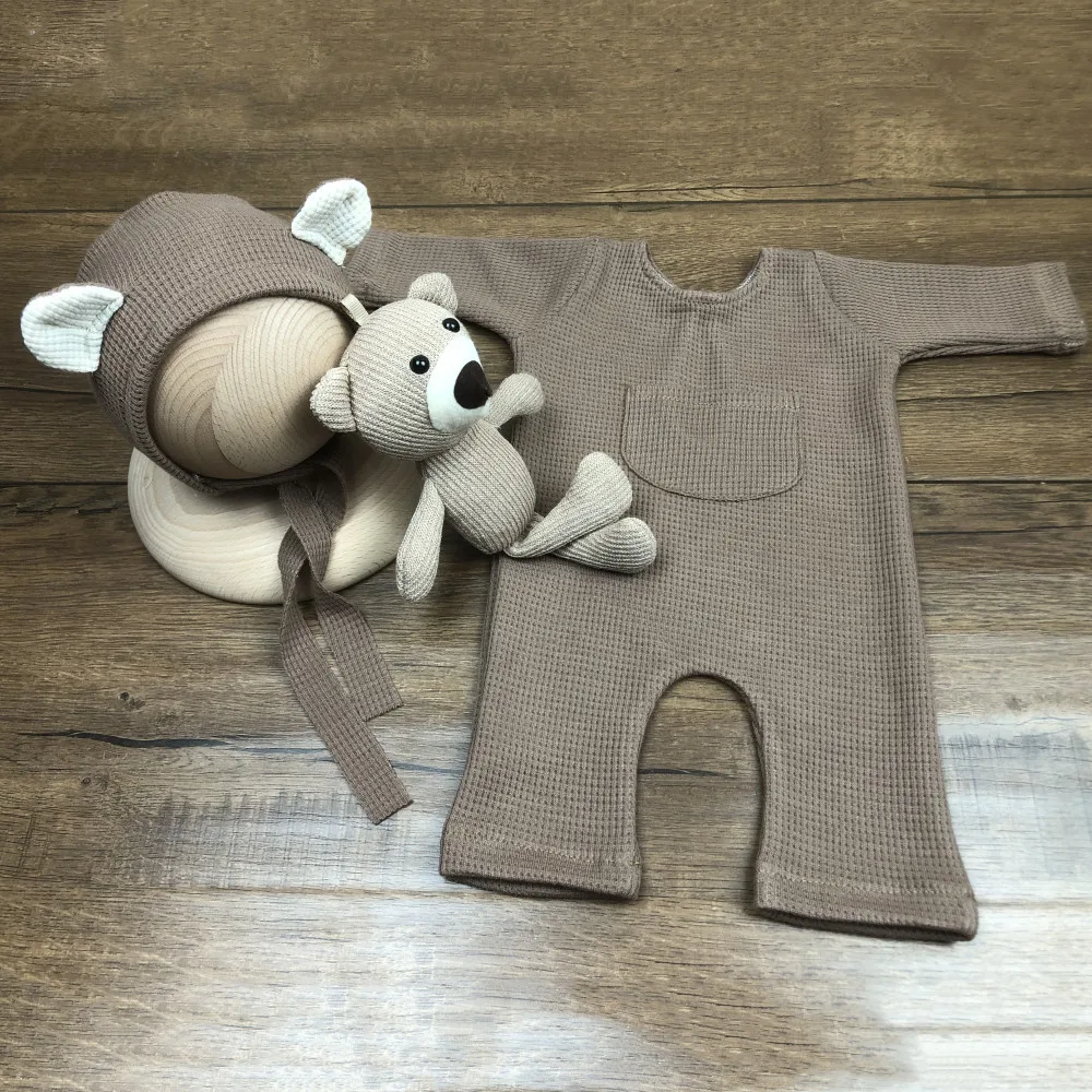 Baby Photoshoot Costume Casual Simple Rompers+Bear Ear Cap+Bear Doll 3pcs/sets Newborn  Photography Jumpsuit Pants Outfits