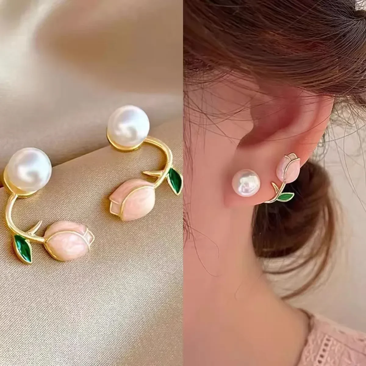 Pendientes de tuerca de flor de tulipán de perla esmaltada para mujer, Pendientes colgantes de circonita de temperamento coreano, joyería de boda, dulce moda