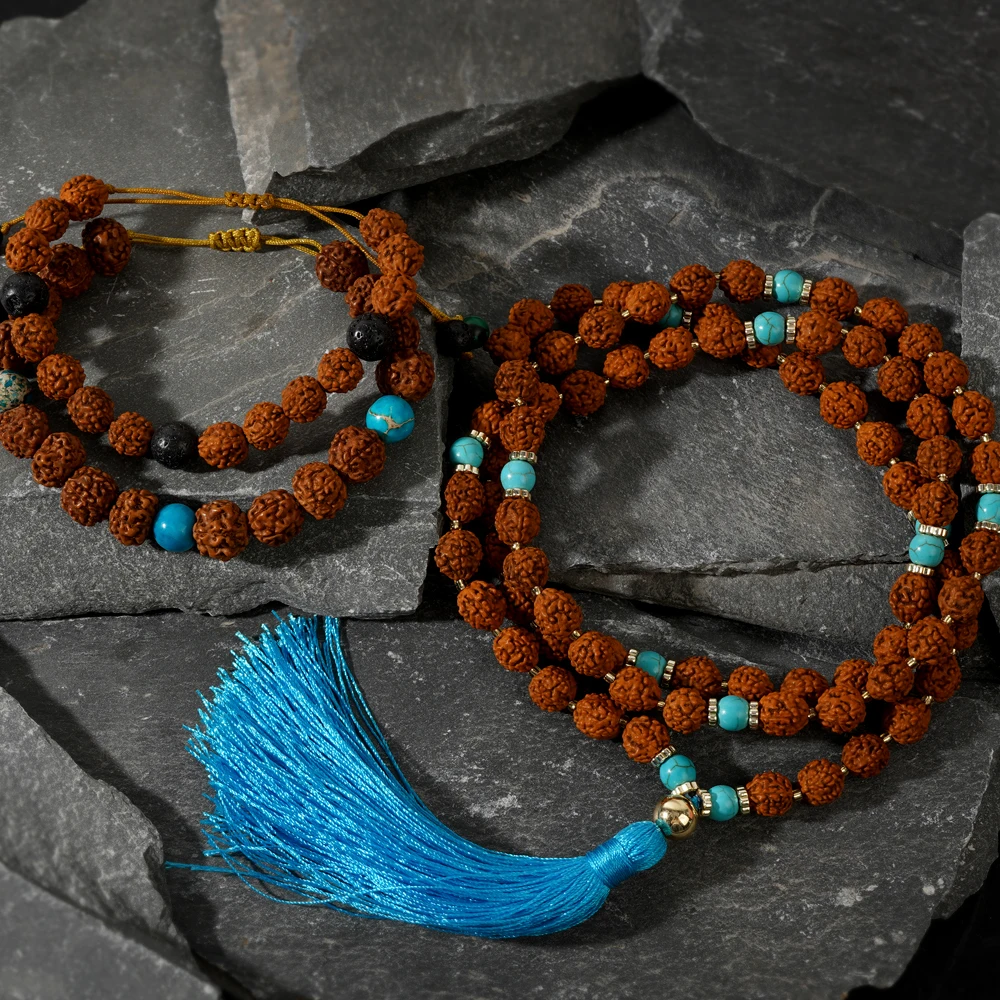 

3PCS Gothic Bodhi Necklace Half Gemstone Bodhi Bracelet Men's Beaded Tassels 3-piece Set