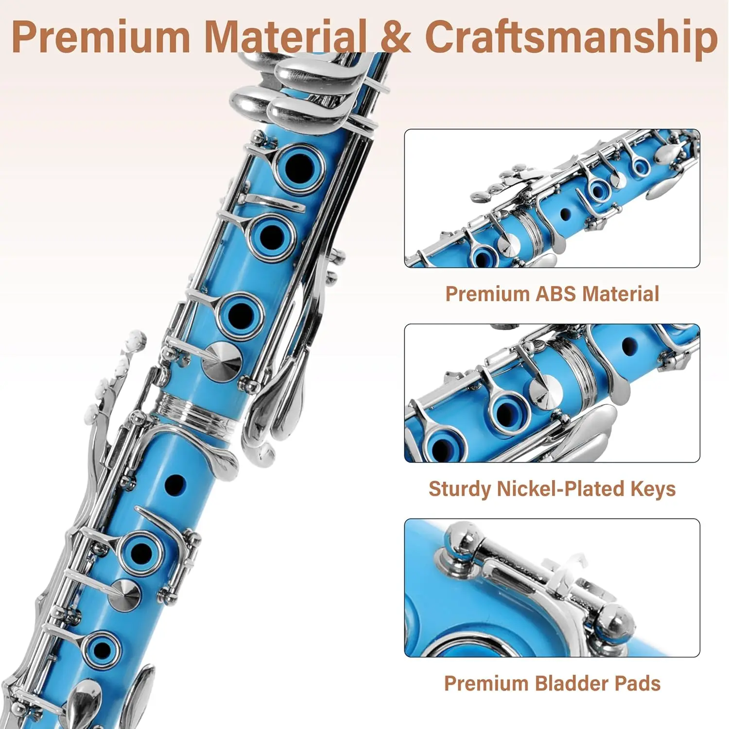 Beginner B Flat Clarinet with 10 Reeds, Hard Case, Stand in Light Blue - Easy to Play & Complete Set