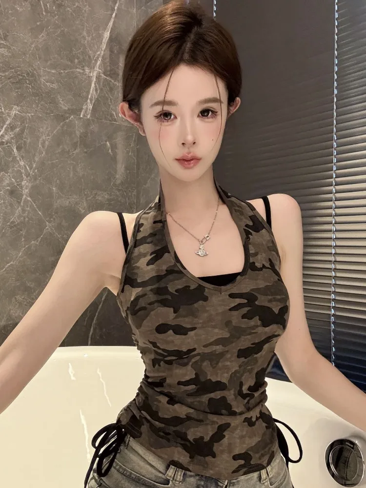 

Spicy Girl Style Camouflage Design Drawstring Vest Women's Fashion Slim Fit Short Top with Chest Pad Summer New Arrival