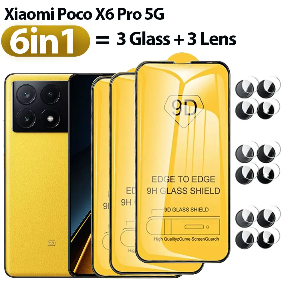 6 in1 Full Cover Screen Protector For For Xiaomi Poco X6 Pro 5G 9D Tempered Glass For Xiaomi Poco X6 Pro 5G Glass