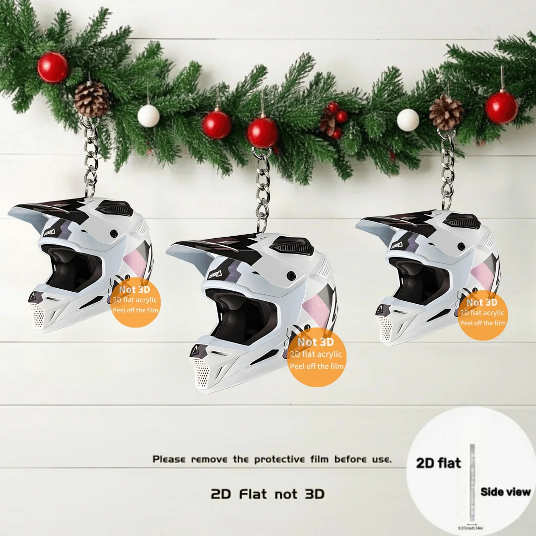 White Motorcycle Helmet Pendant Keychain 2D Flat Acrylic Ornament Charms Hanging Decoration for Car Bags Festive Home Party Gift
