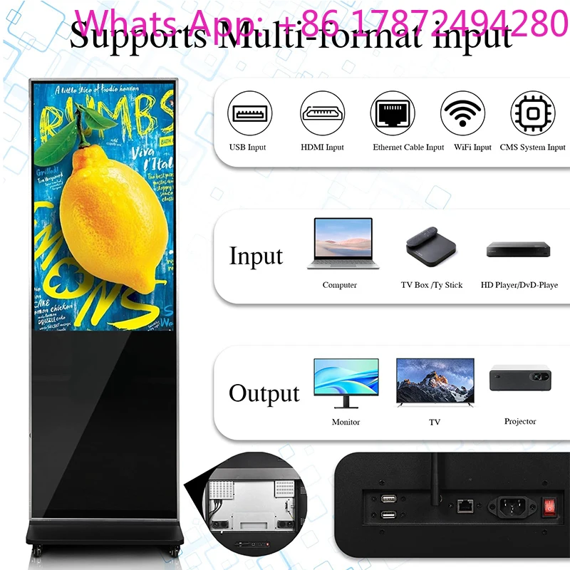 Bodenstehendes HD-LED-Bildschirmanzeige, tragbarer USB-Video-Werbeposter mit 4G-WLAN für Geschäft und Aufzug