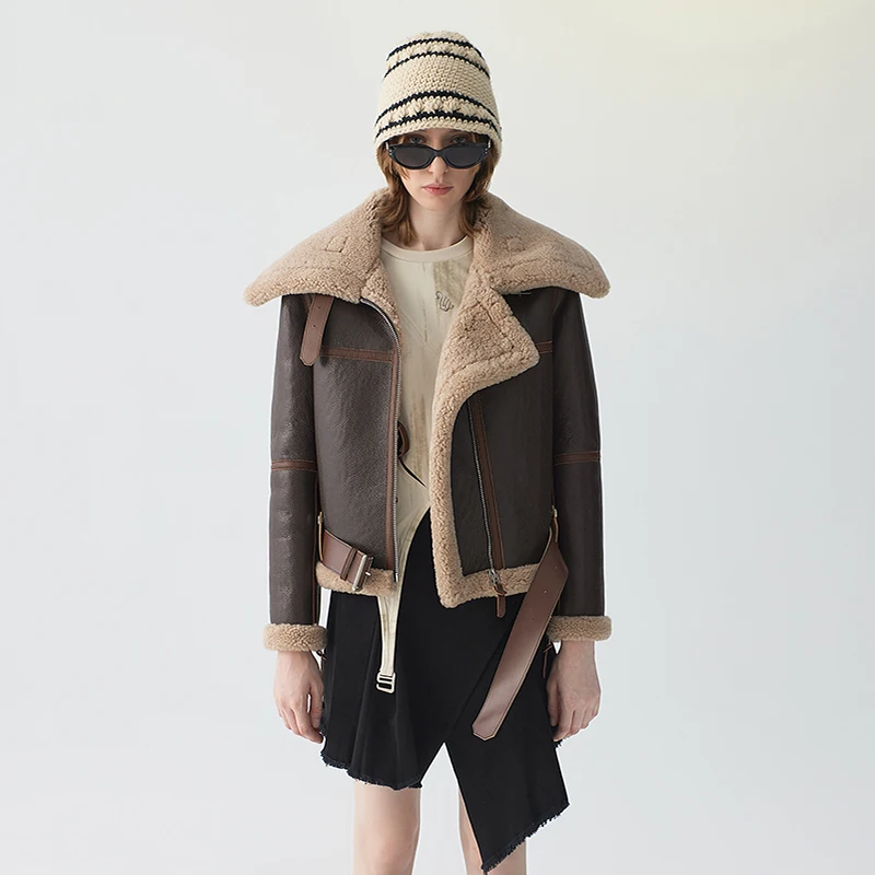 

High-end Luxury Merino Sheep Fur Motorcycle Jacket for Women Thickened Warm Short Winter Genuine Leather Real Fur Coat with Belt