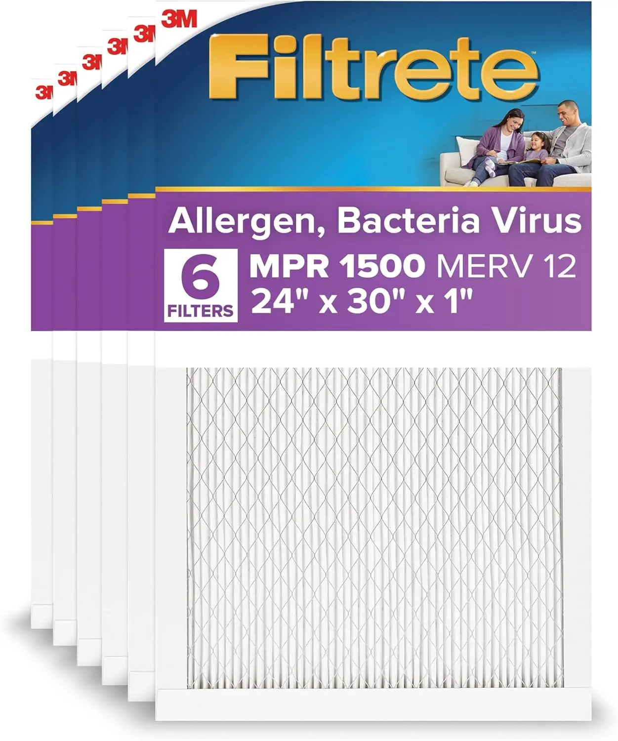 

24x30x1 MERV 12 Air Filter, MPR 1500, Asthma & Allergy Friendly, 3-Month Pleated Electrostatic, 6-Pack