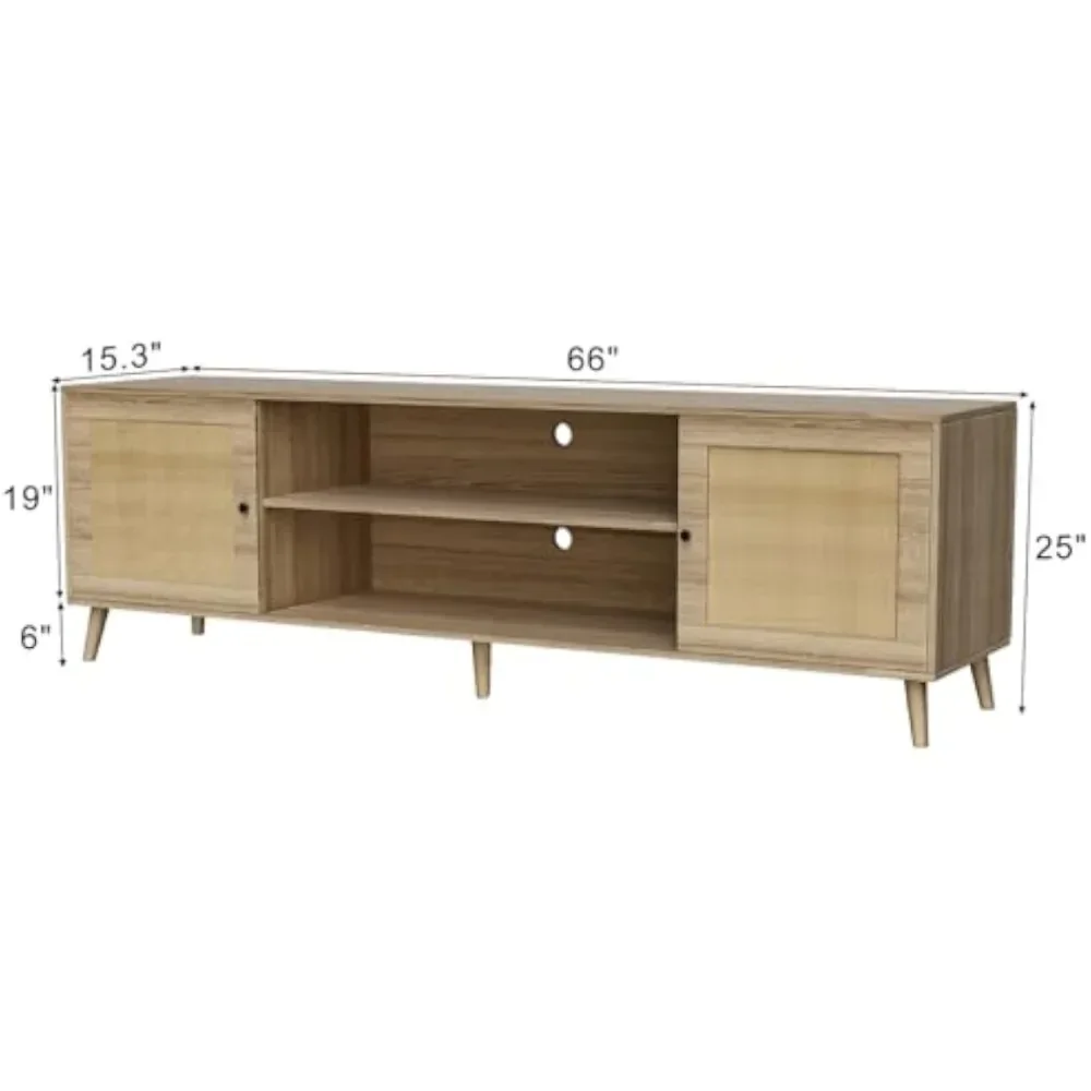 TV Stand for 75 Inch TV, Entertainment Center with Adjustable Shelf, Rattan TV Console with 2 Storage Cabinets