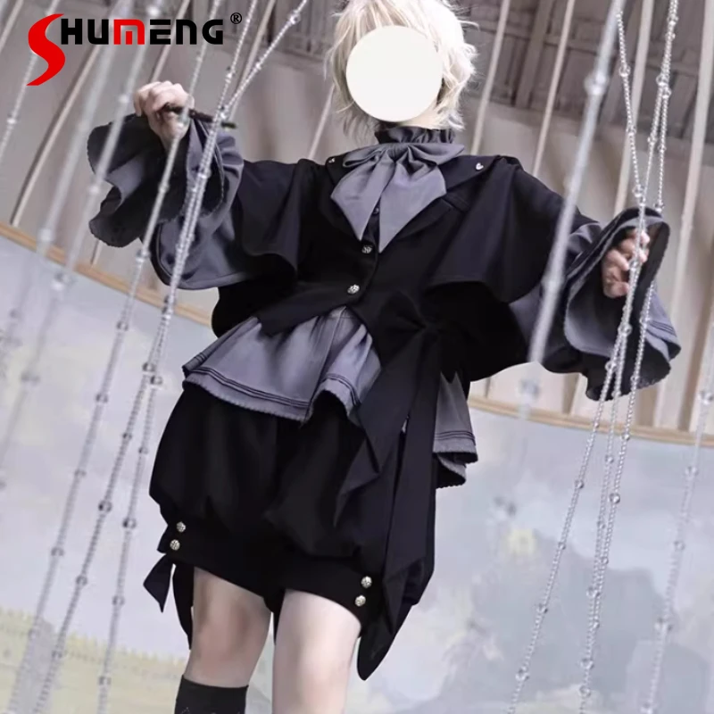 

Японский готический костюм Лолита для геев: темная крутая рубашка, ретро-костюм для косплея, готический наряд для конвенций, блузка Rojita + шорты + накидка, комплект из 3 предметов