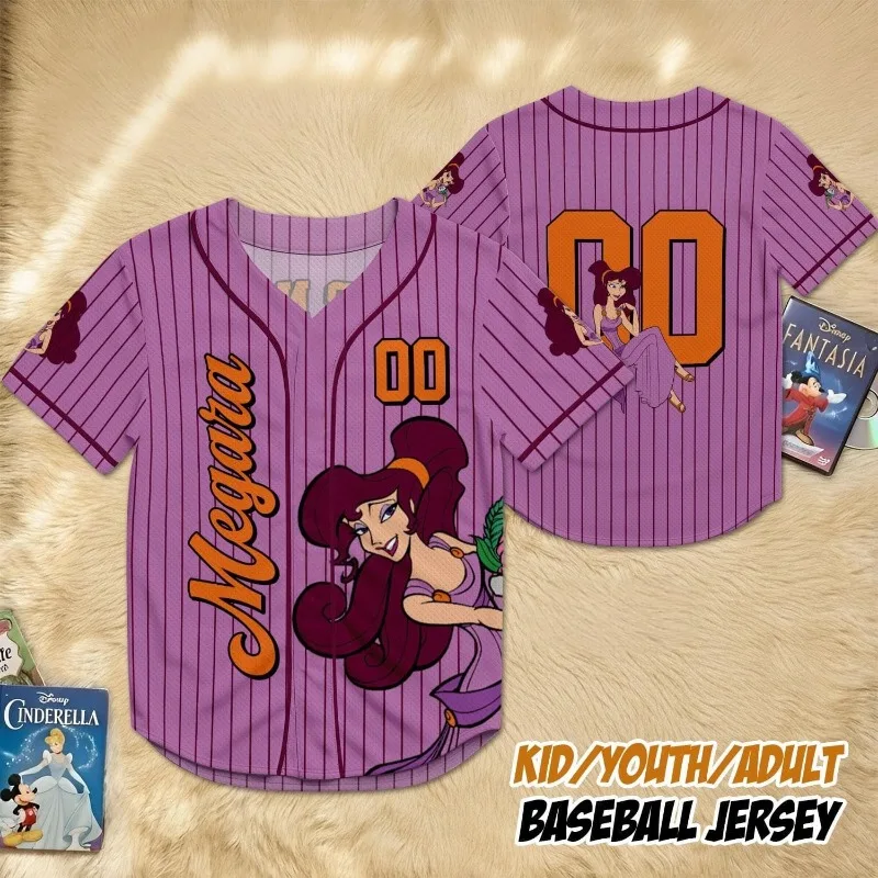 Hercules Cartoon Baseball Jersey Megara Pegasus Striped Sports Shirt Family Matching Casual Vacation Top for Men Women Children