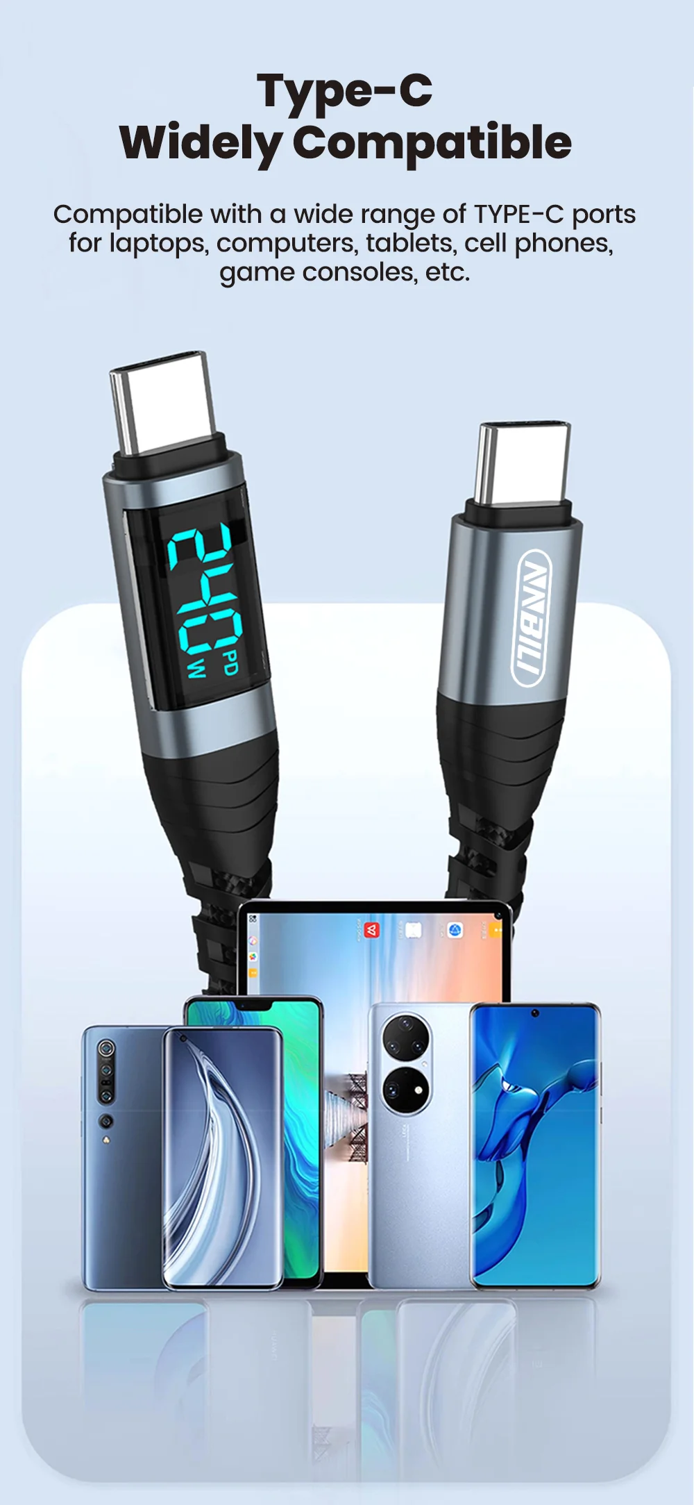 NNBILI 240W Digital-Display-Kabel Typ C auf Typ C Schnellladekabel USB-C-Datenkabel für iPhone 18 Pro Huawei iPad Laptop – Detail 7