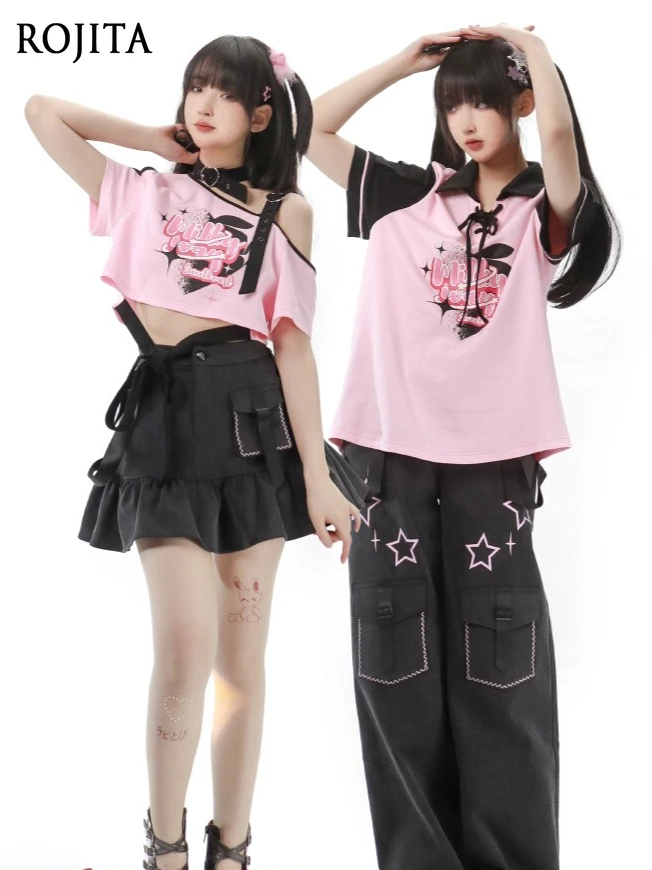

Pink Neck Tie Short Sleeve T-shirt Polo Neck Loose Y2b Tops Playful Cute A-line Denim Half Skirt Subculture Women Denim Overalls