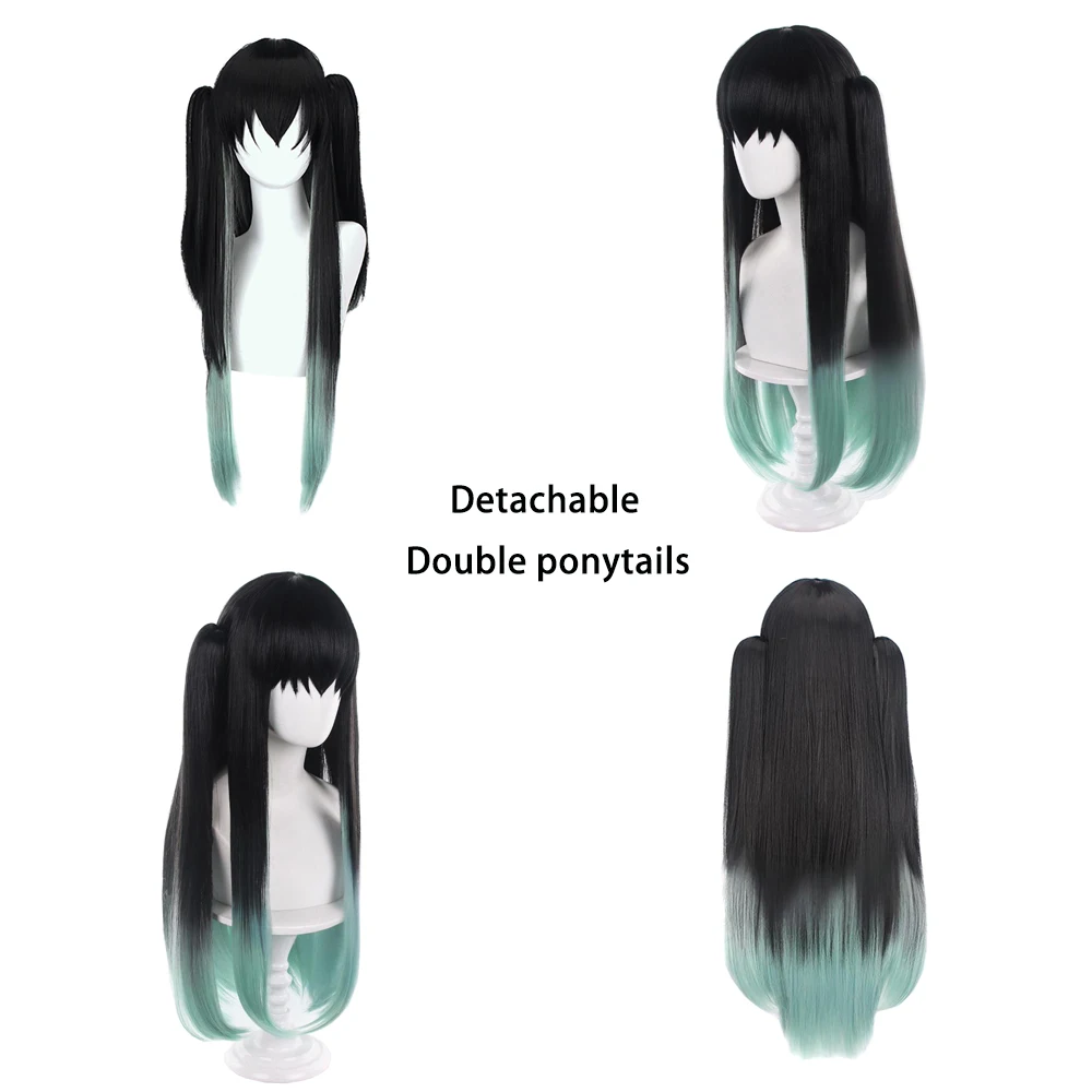 Anime Muichiro Tokito Cosplay Synthetic Hair 30-Inch Straight Hair Black And Green Gradient Heat-Resistant Wig With A Ponytail