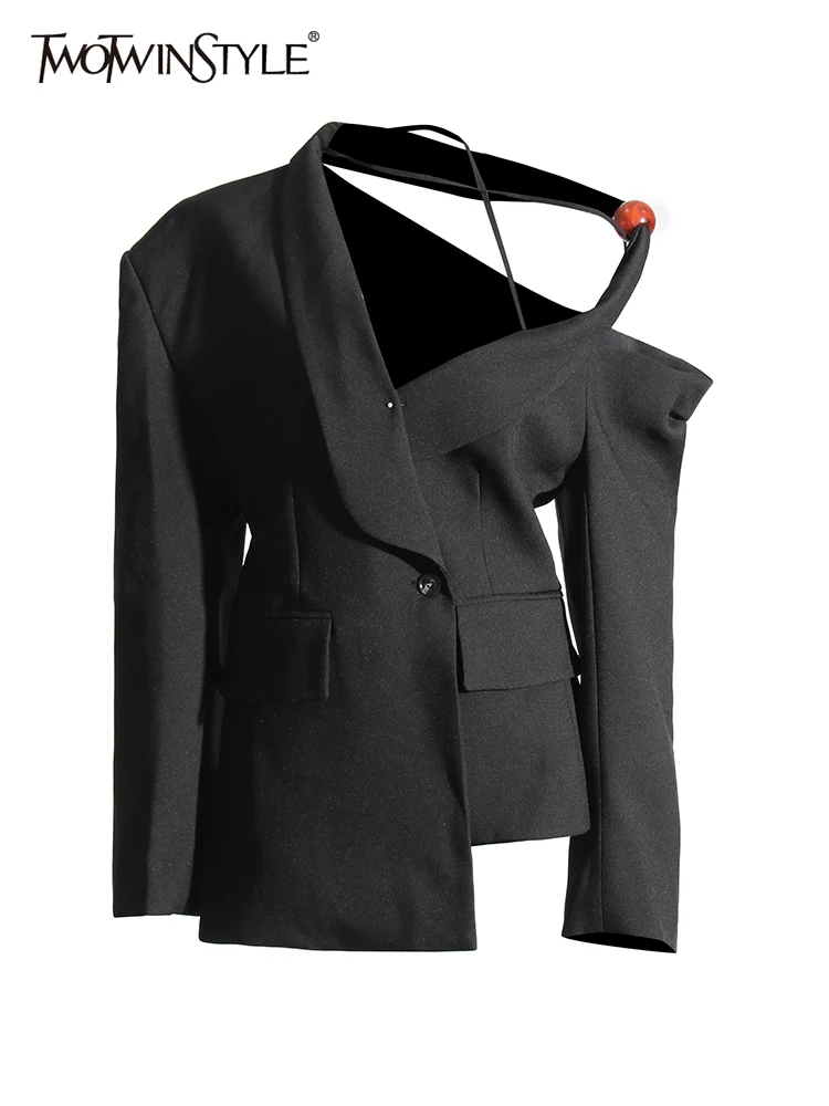 

TWOTWINSTYLE Solid Slim Elegant Blazers For Women Lapel Long Sleeve Off Shoulder Tunic Asymmetrical Blazer Female Fashion New