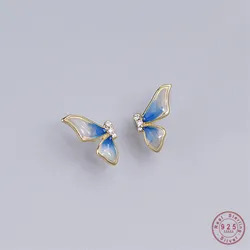 French Gradual Blue Enamel Butterfly Wing Studs Earring for Women 925 Sterling Silver Plated 14K Gold Exquisite Romantic Jewelry