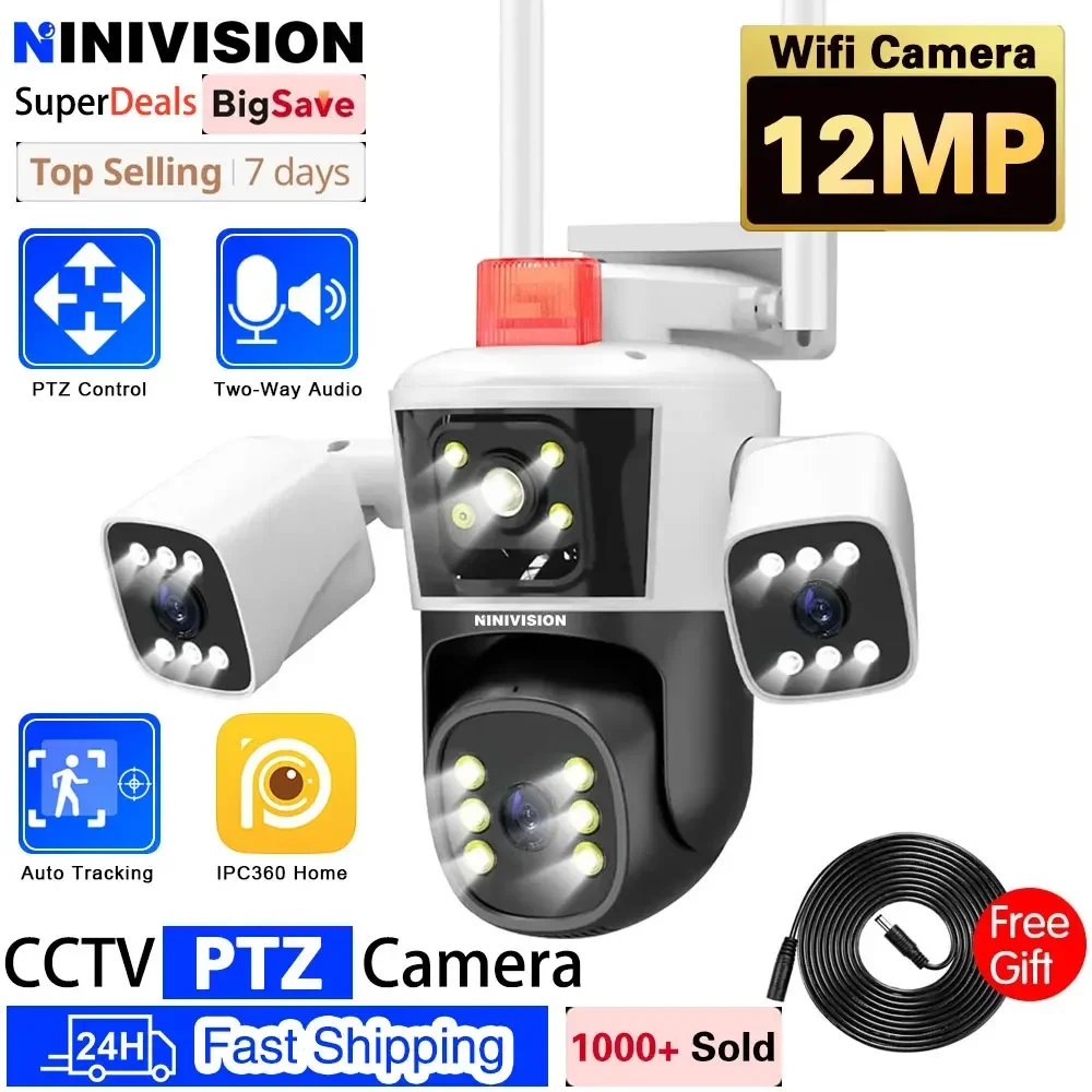 

12MP Three Lens Ip Camera Panoramic View 6K Wifi Outdoor PTZ Camera AI Auto Tracking Cctv Video Surveillance Color Night Vision