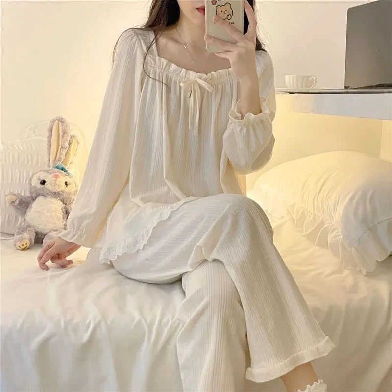 

Korea Style Women's Pajama Set Long Sleeve Spring Autumn Ladies Sleepwear 2 Pcs with Pant Square Collar Pijama Suit for Female