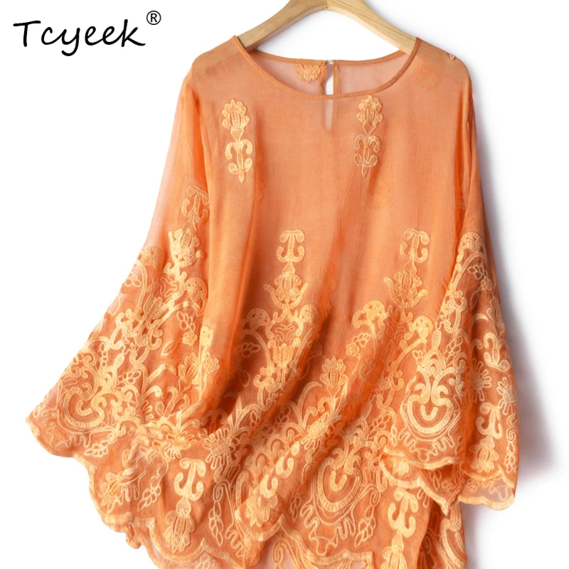 

Tcyeek 100% Mulberry Silk Summer Tank Top Round Neck Nine Quarter Sleeve Orange Sun Protection Women's Shirts Женская Одежда