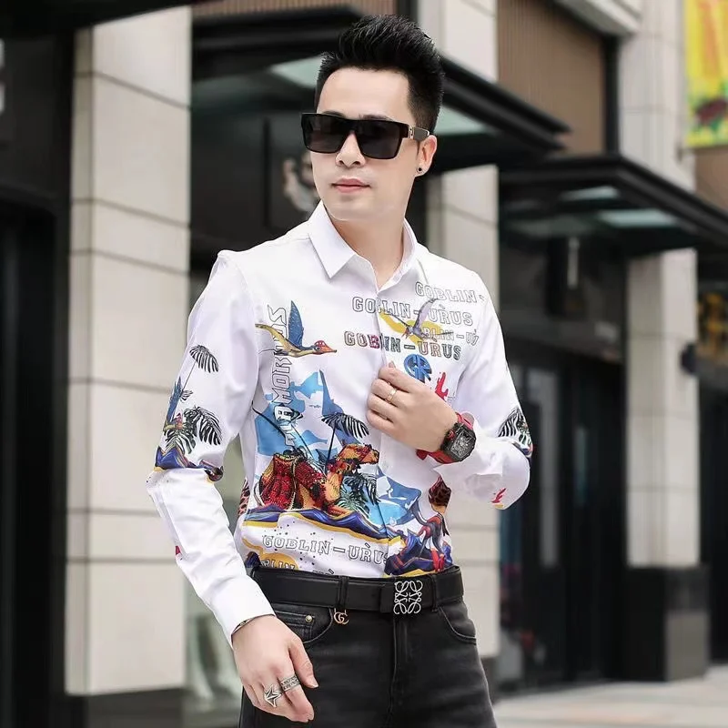 Slim Fit Long Sleeve Men's Shirt Hong Kong Style Printed High End Feel Spring Autumn New Arrival Youth Popular Daily Wear