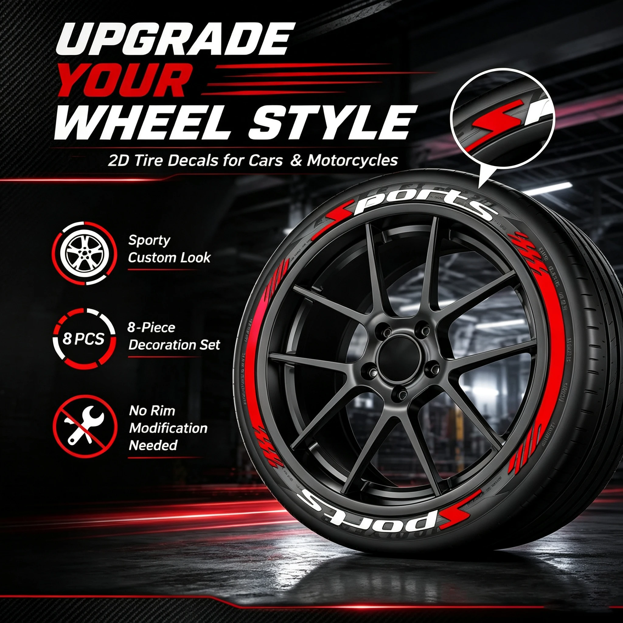 8PCS Car Motorcycle Tire Decoration Stickers, 2D Waterproof Universal Wheel Decals, Raised Sport Lettering Sidewall Rim Decor for SUV Sedan Truck Auto Motorcycle Accessories