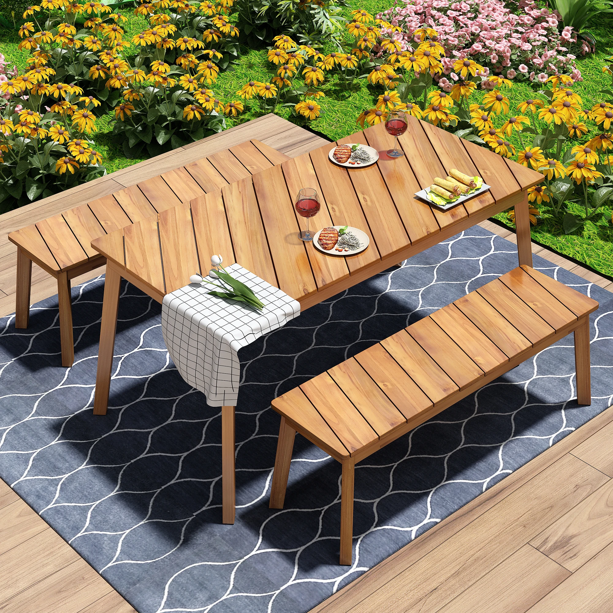 

#3-Piece Modern Oak Wood Dining Set With 2 Benches Portable Outdoor & Indoor Furniture For 6