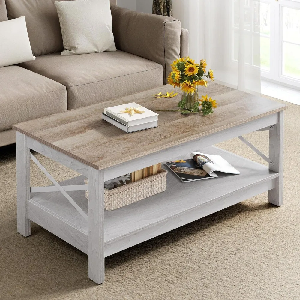 

Coffee Tables for Living Room, Modern Farmhouse Coffee Table with Storage, 2-Tier Center Table Wood Living Room Table Accent Co