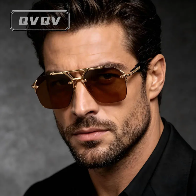 QVQV Luxury Rimless Square Sunglasses Men & Women Vintage Metal Double Bridge Sun Glasses Fashion Eyewear For Driving Outdoor