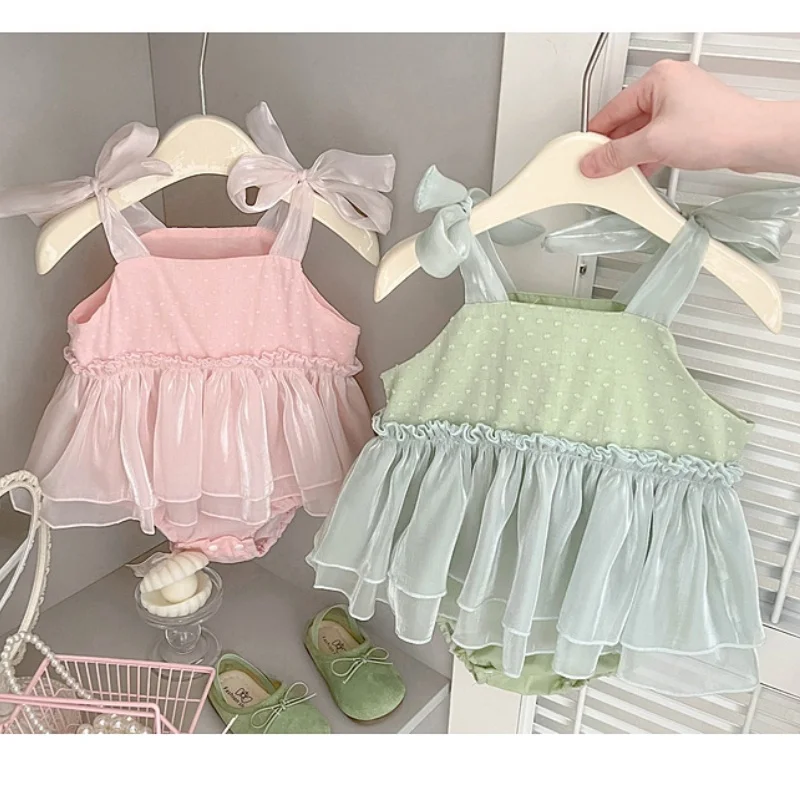 

Летний комбинезон-боди для новорожденных девочек 2026 года, 100% хлопок, 0-24 месяца, с милым бантом, на бретельках, платье-ромпер