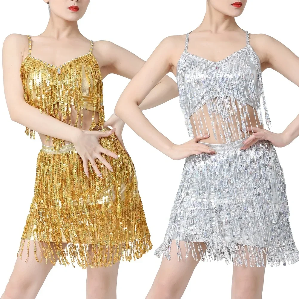 Eleganti gonne con nappe di paillettes di danza del ventre latina per le donne a vita media solido dimagrante India Dancewear Stage Performance Outfits